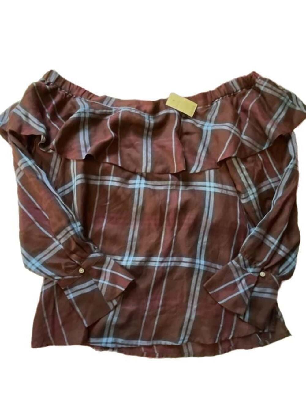 LOFT Petites Plaid Cottagecore Off-The-Shoulder Ruffle Top XSP